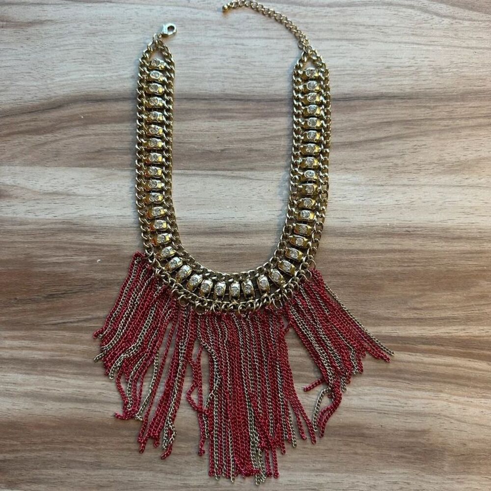 Pink Fuchsia Gold Statement Necklace Rhinestone Chain Fringe Chunky Jewelry